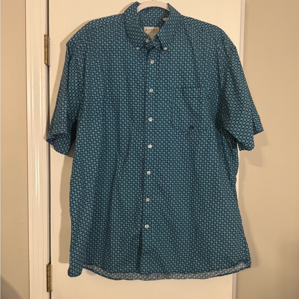 Roper Blue Teal Geometric Button Down short sleeve Shirt western 100% cotton